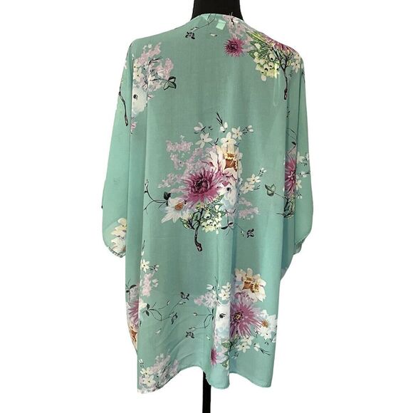 DAVi & DANI Floral Kimono Green Semi Sheer Open Front Oversized - Picture 4 of 8